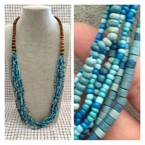 Vintage Boho Wooden Bead Multi Strand Turquoise Necklace